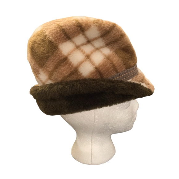Vintage Faux Fur Brown and White Plaid Fedora Hat with Earflaps and Feather - Picture 4 of 8